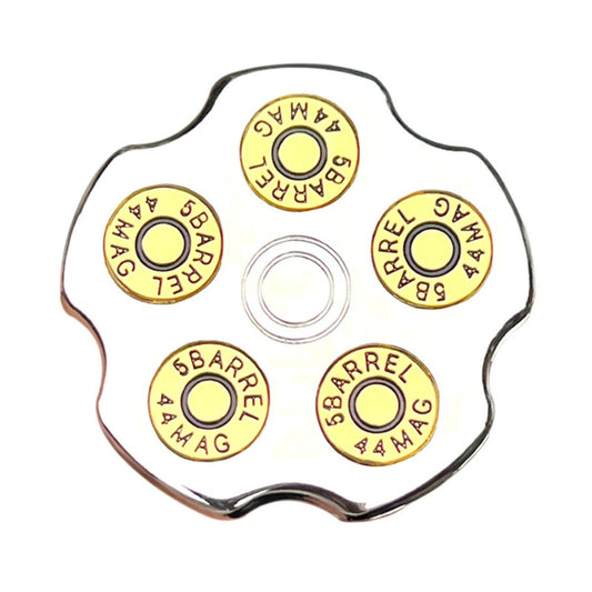 Western belt buckle shaped like a revolver cylinder, front view.