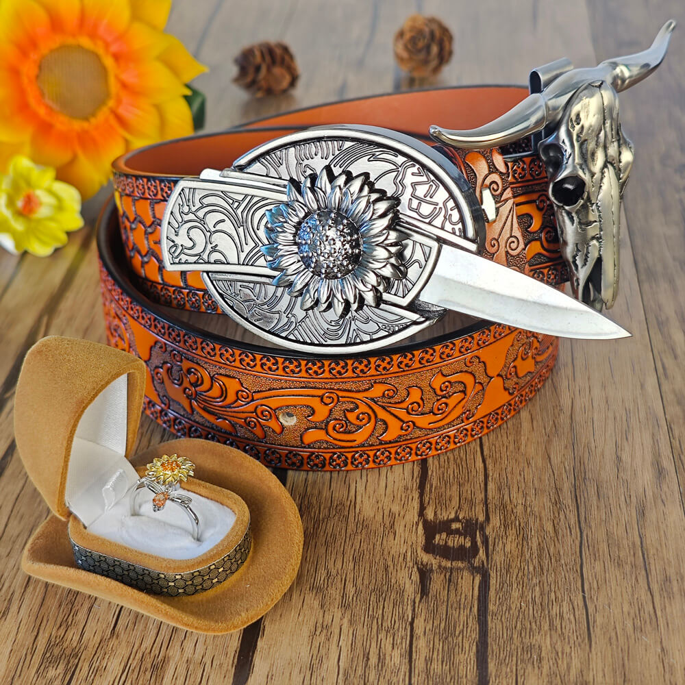 Western outfit with orange embossed belt, sunflower buckle with hidden tool, bull skull necklace, and sunflower ring