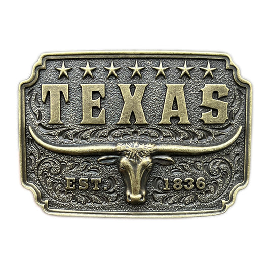 Bronze Texas longhorn belt buckle featuring a bull head, seven stars, and the year 1836 for western heritage style.