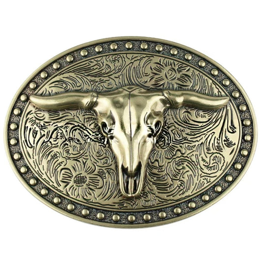 Western cowboy belt buckle with a Texas bull skull and vintage floral detail