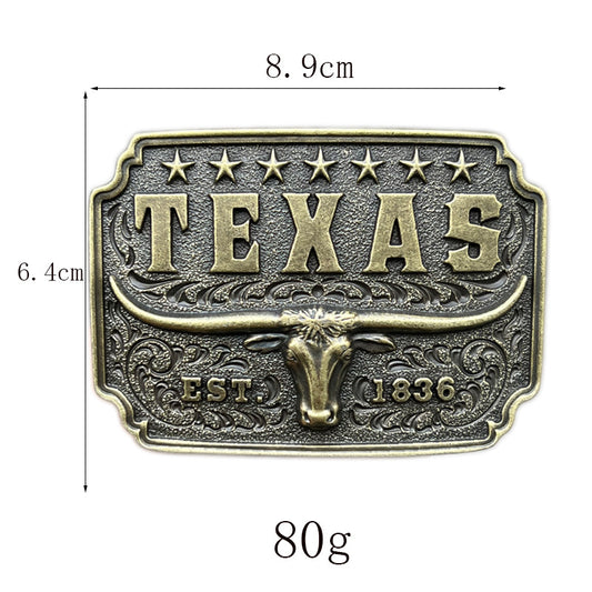 Texas-style longhorn bull belt buckle with measurement reference, fits most standard cowboy belts.