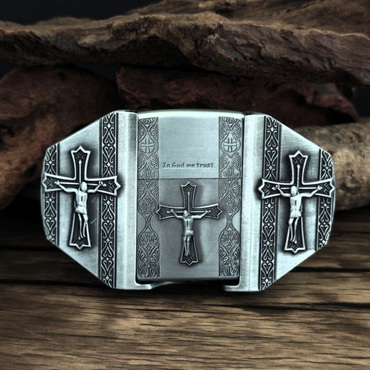 Black Western Embossed Belt with Cross Fire Lighter Buckle