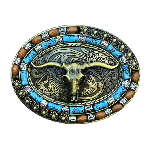 Western belt buckle with horned skull and turquoise stone in gothic style