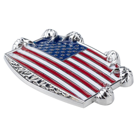 Side angle of eagle claw and American flag belt buckle in metal finish