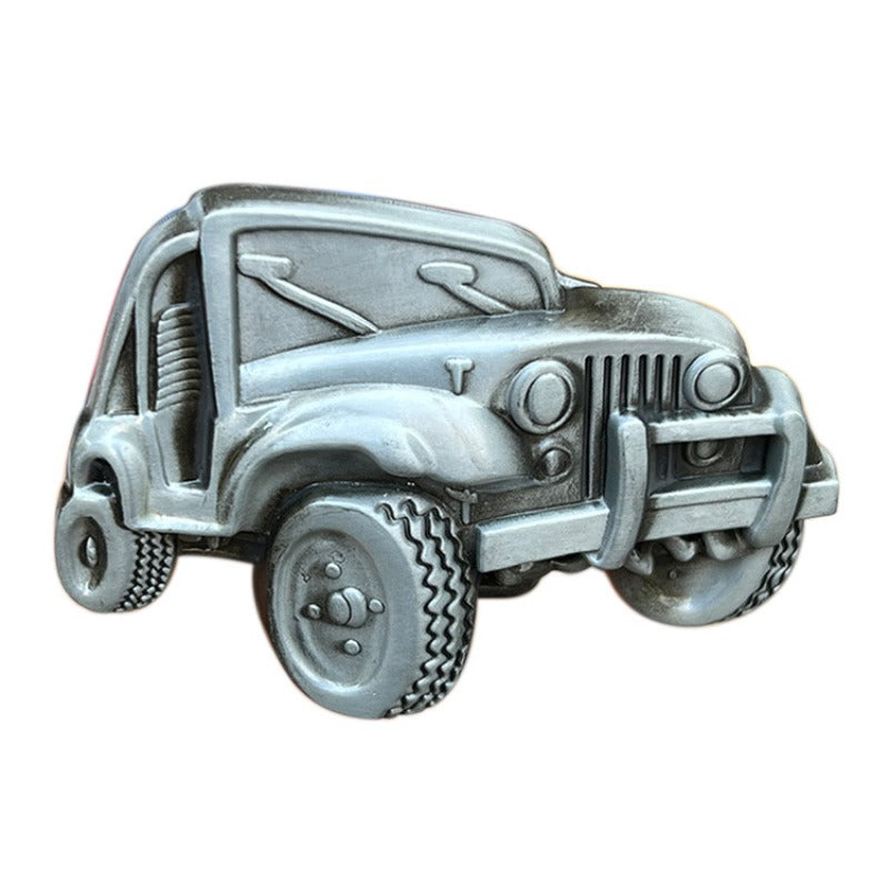 Vintage-style belt buckle with classic Jeep design in rugged look.