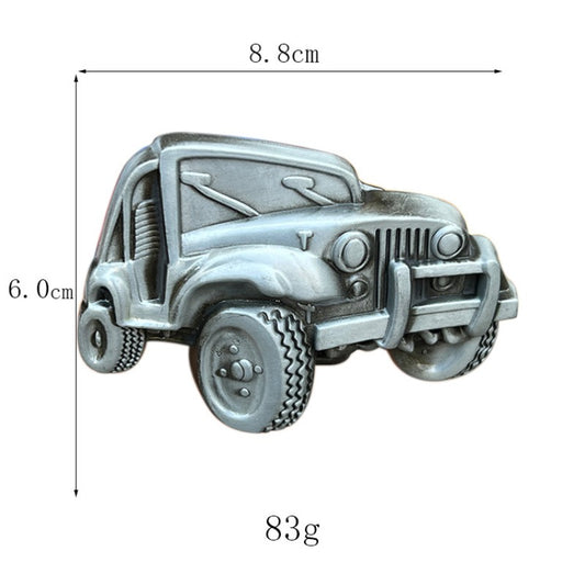 Vintage Jeep belt buckle with size chart for standard belt fitting.