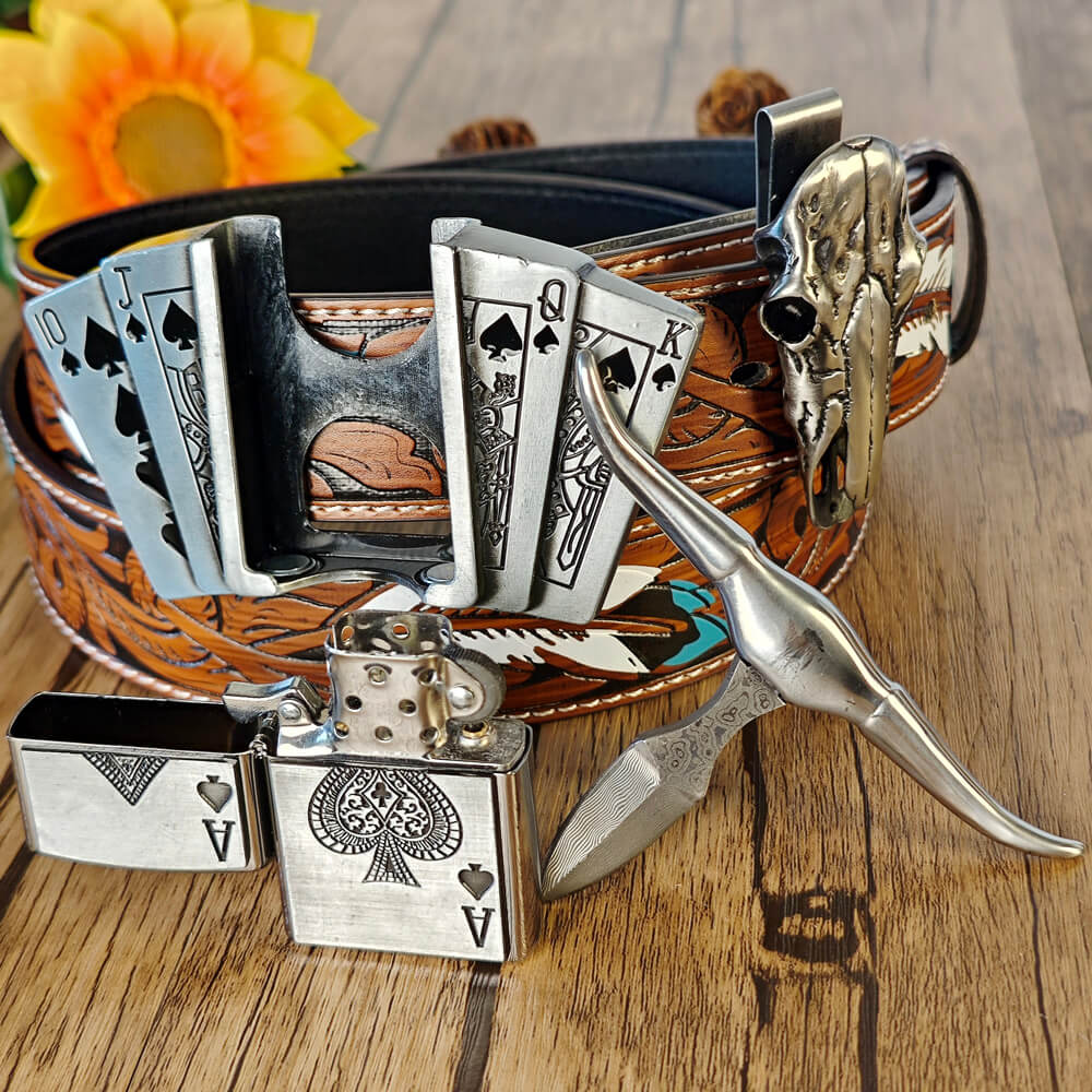 Western-style belt with lighter buckle and EDC ram skull necklace set