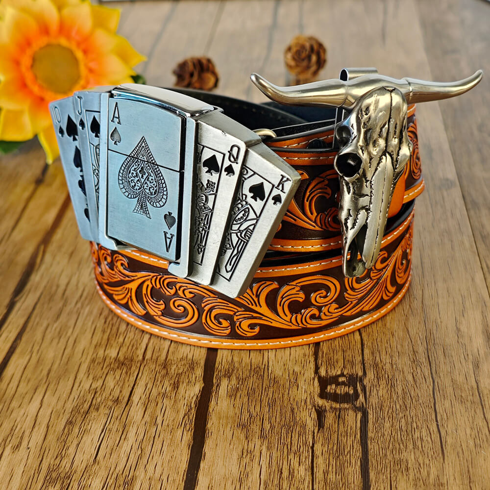 Western-style belt with lighter buckle and EDC ram skull necklace set