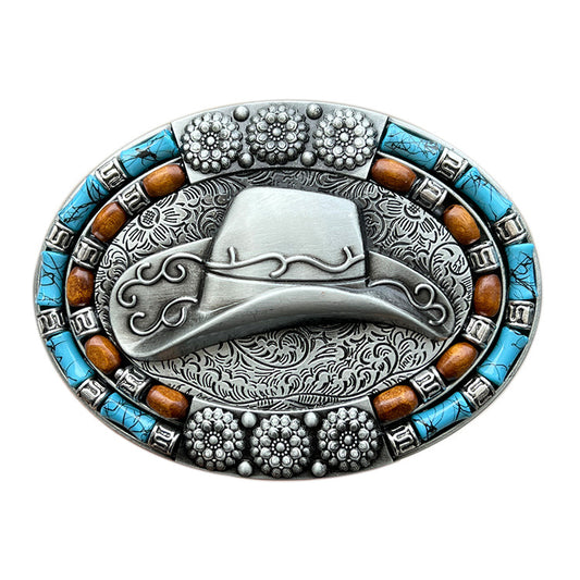 Cowboy hat design belt buckle in silver with turquoise detail – Western style