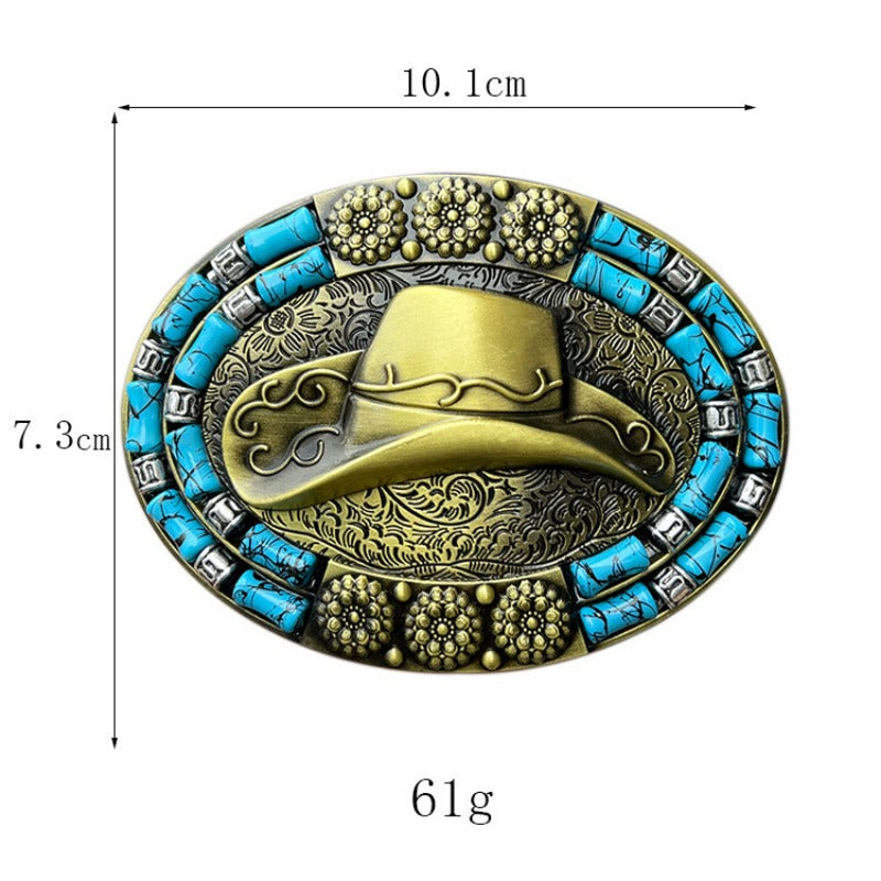 Cowboy hat design belt buckle in silver with turquoise detail – Western style