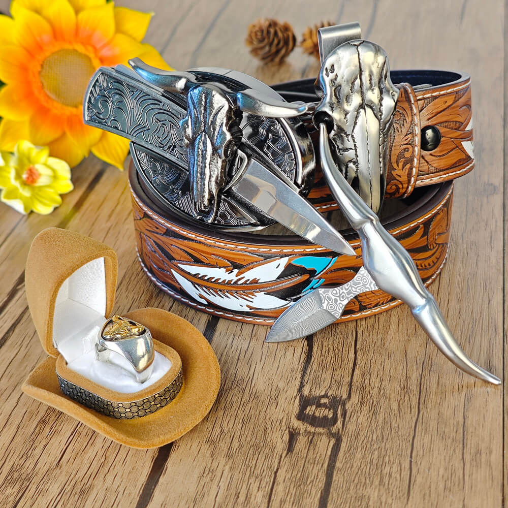Western set with embossed leather belt, bull head buckle with hidden tool, bull skull necklace, and bull head ring