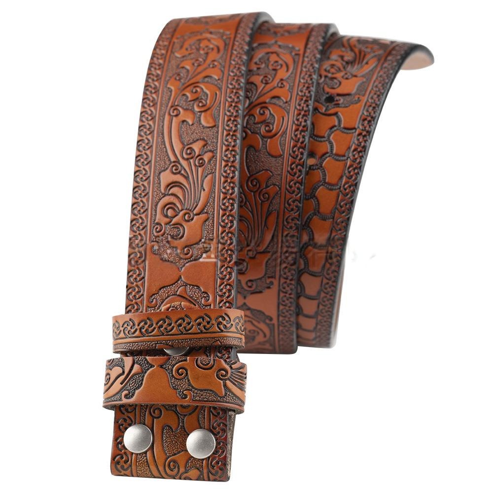 Western-style embossed leather belt strap without buckle