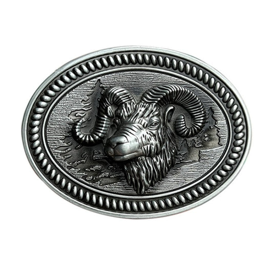 Western belt buckle with detailed goat head design in rugged style.