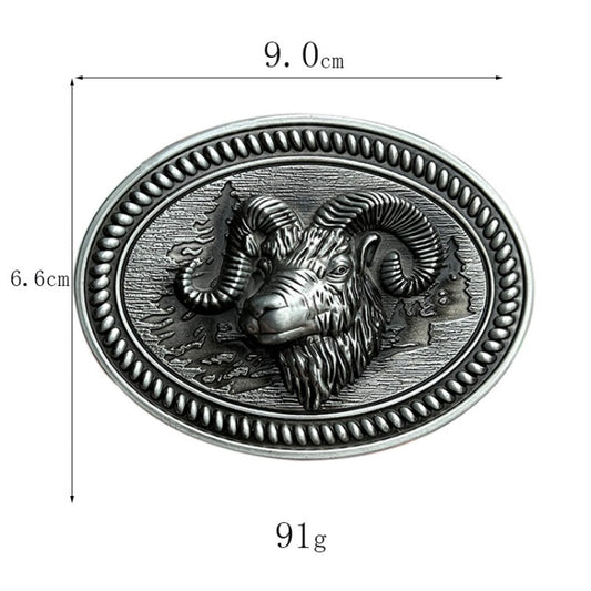 Goat head western belt buckle with size chart for standard belts.