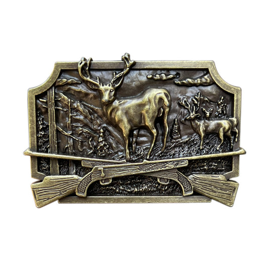Western belt buckle with hunting rifle and deer design in rugged style.