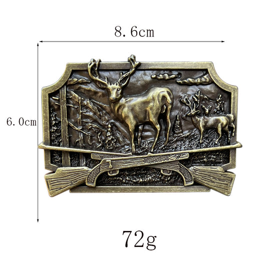 Western hunting belt buckle with size chart, fits standard belts.