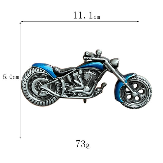 Blue motorcycle belt buckle with ruler for size reference, suitable for standard western belts.