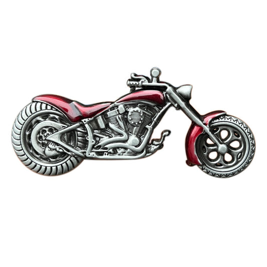 Red western motorcycle belt buckle featuring custom bike design and vintage finish for biker style.