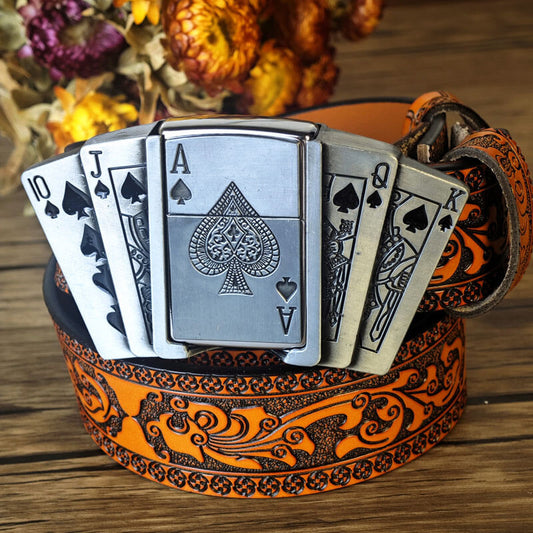 Western-style orange embossed belt with hidden lighter buckle