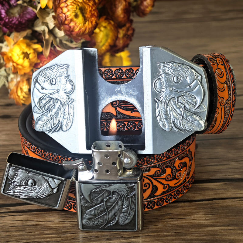 Western-style orange embossed belt with hidden lighter buckle