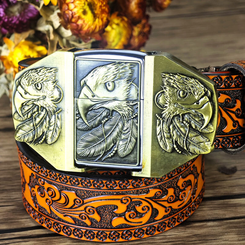 Western-style orange embossed belt with hidden lighter buckle