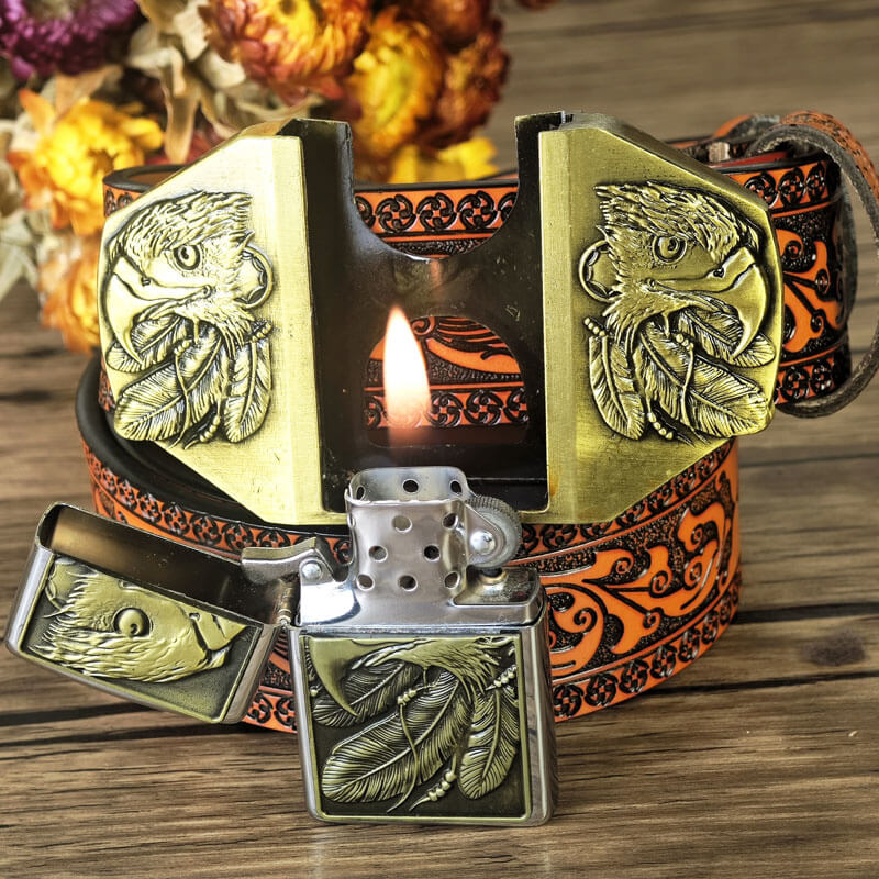 Western-style orange embossed belt with hidden lighter buckle