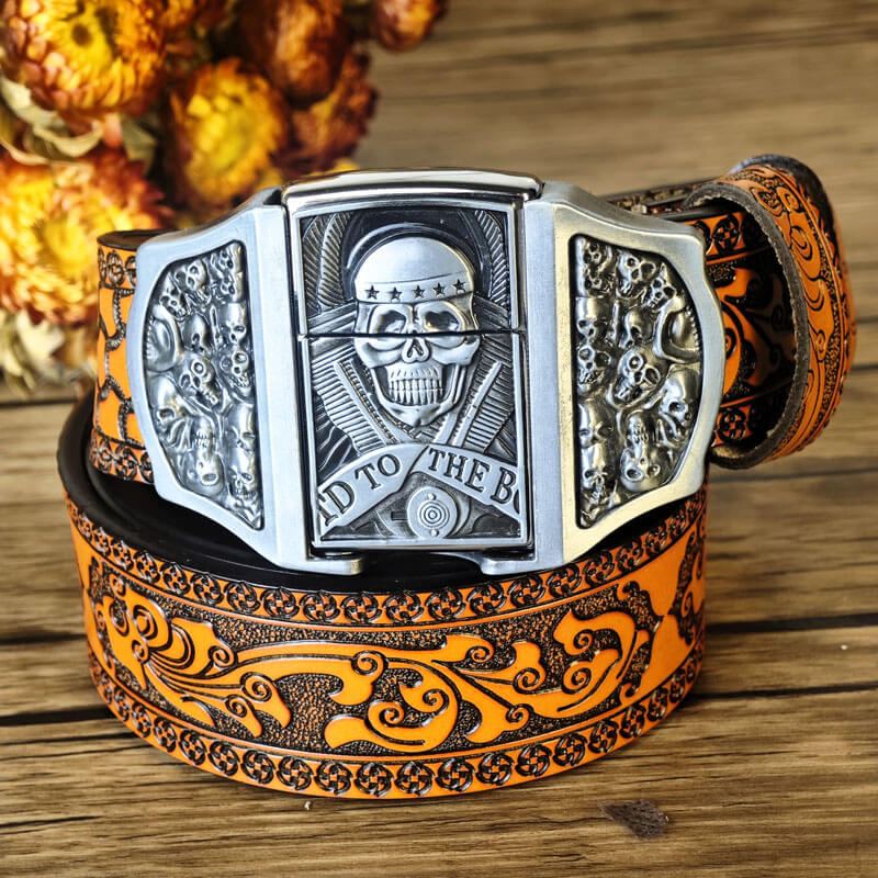 Western-style orange embossed belt with hidden lighter buckle
