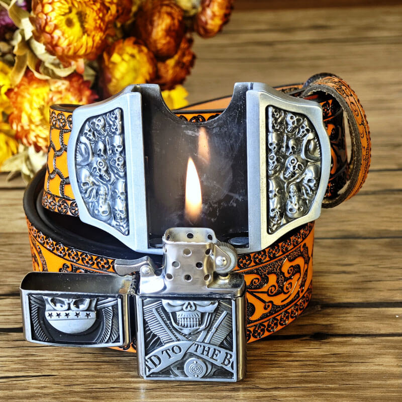Western-style orange embossed belt with hidden lighter buckle