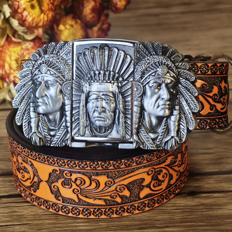 Western-style orange embossed belt with hidden lighter buckle