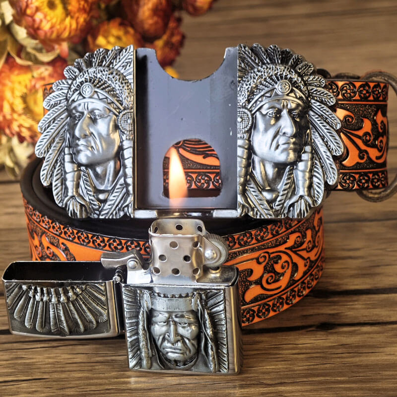 Western-style orange embossed belt with hidden lighter buckle