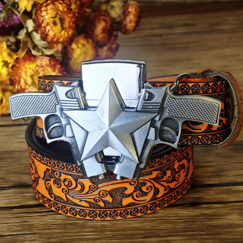 Western-style orange embossed belt with hidden lighter buckle