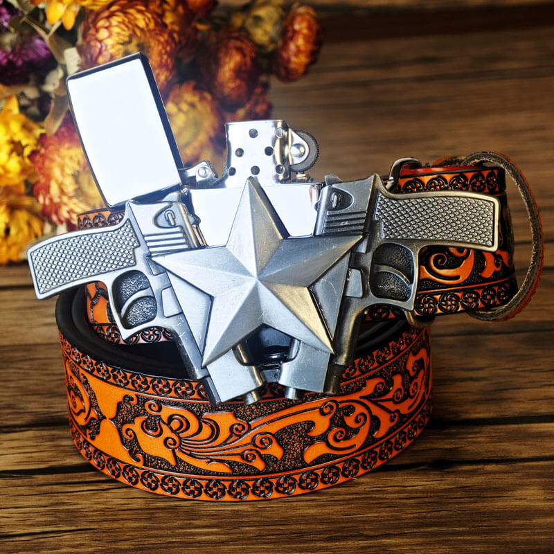 Western-style orange embossed belt with hidden lighter buckle