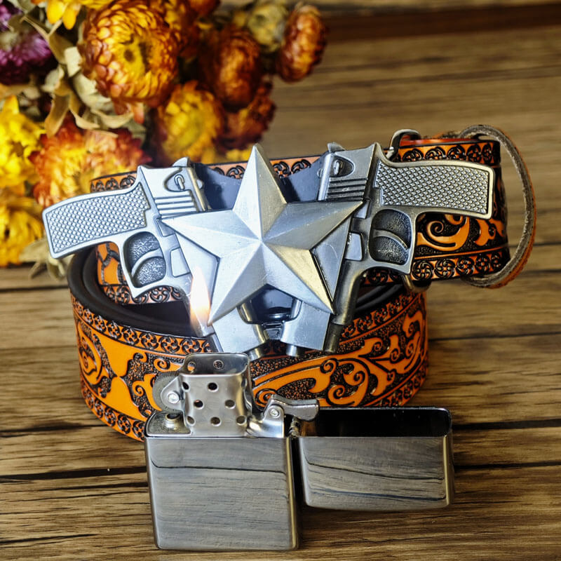 Western-style orange embossed belt with hidden lighter buckle