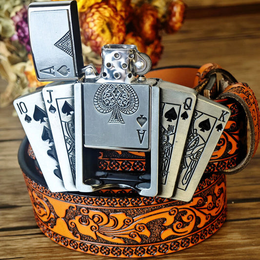 Western-style orange embossed belt with hidden lighter buckle