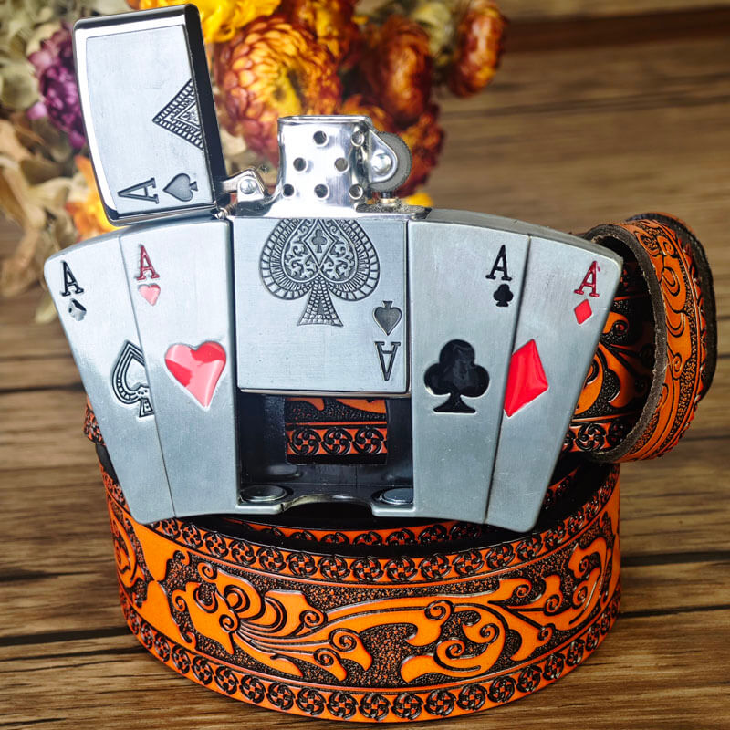Western-style orange embossed belt with hidden lighter buckle