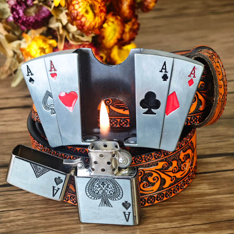 Western-style orange embossed belt with hidden lighter buckle