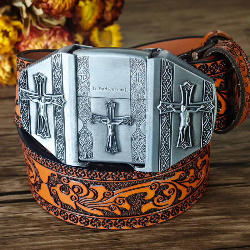 Western-style orange embossed belt with hidden lighter buckle