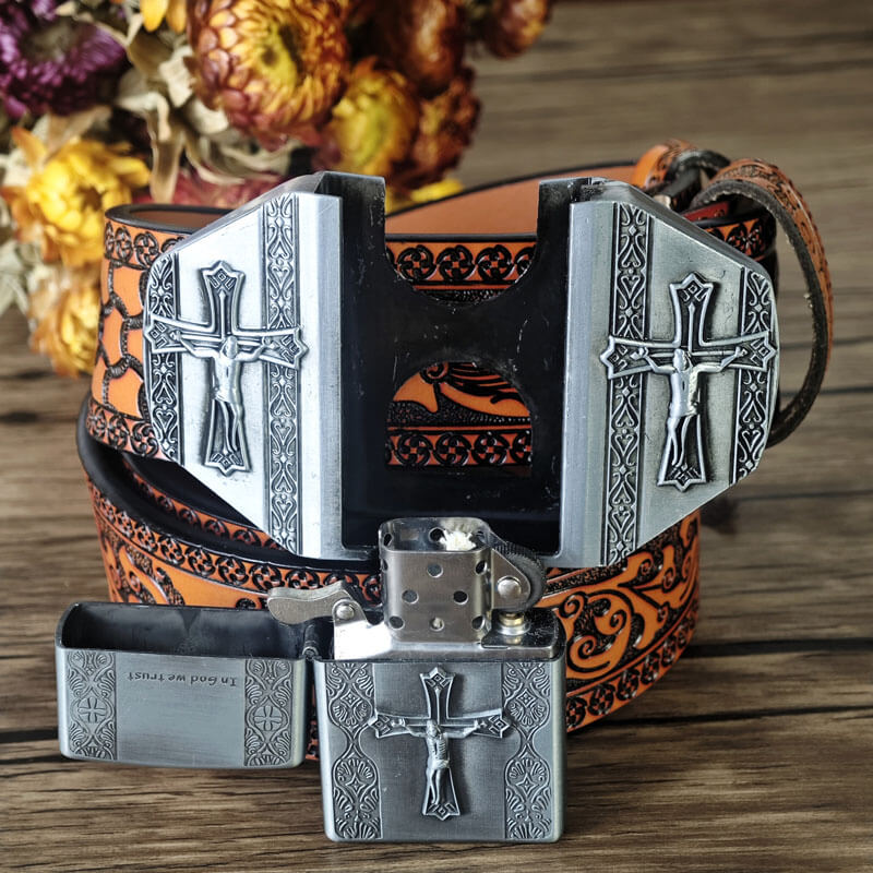 Western-style orange embossed belt with hidden lighter buckle