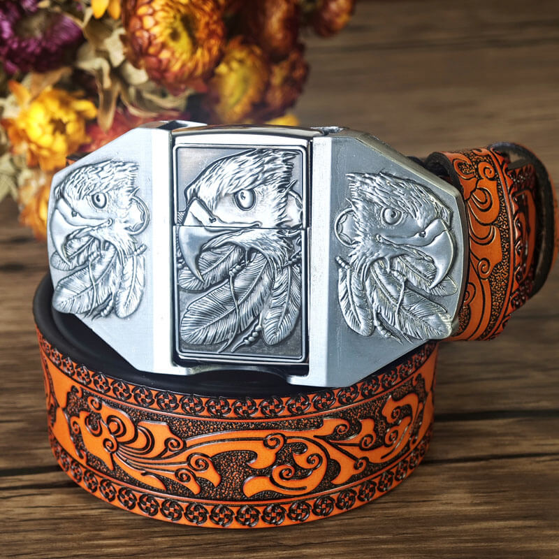 Western-style orange embossed belt with hidden lighter buckle