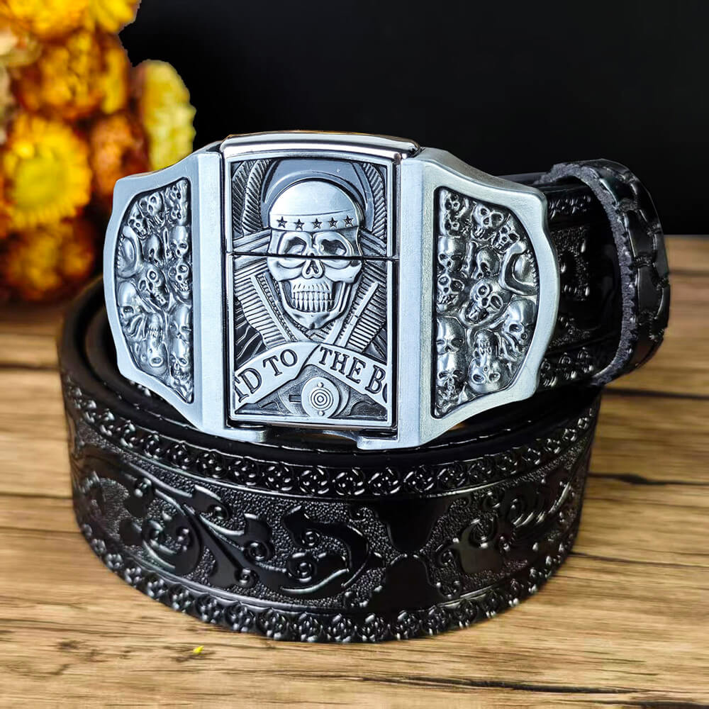 Western Embossed Leather Belt & Lighter Buckle