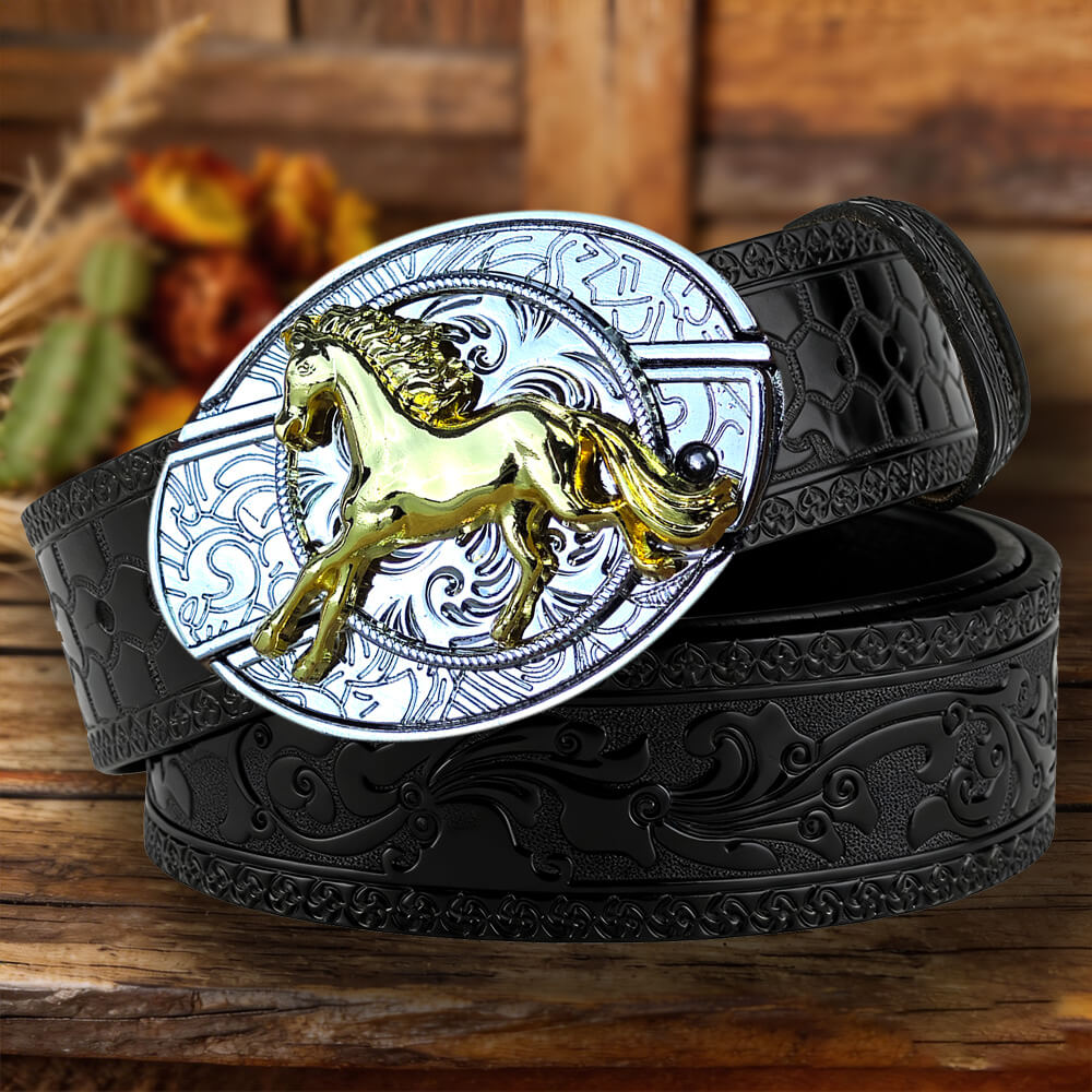 Western Embossed Leather Belt with Two-Tone Utility Buckle