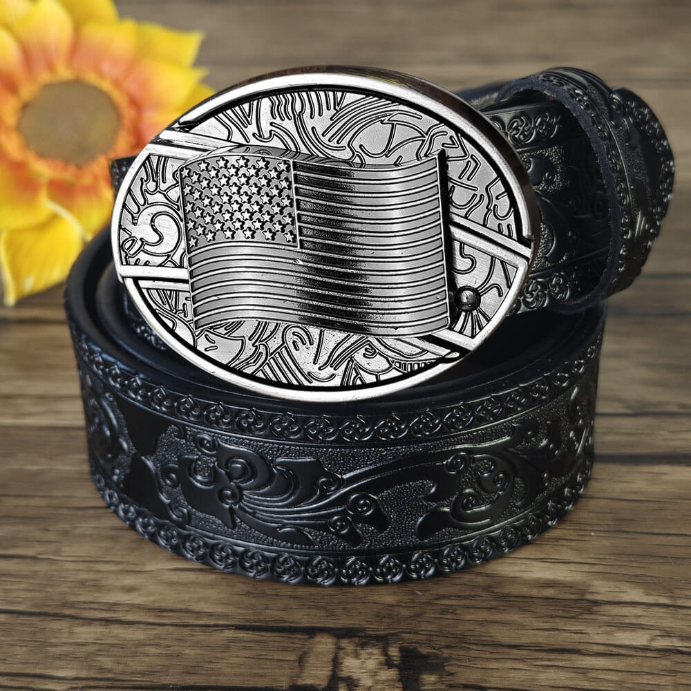 Western Belt – Black Embossed Leather Utility Buckle