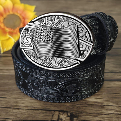 Western Belt – Black Embossed Leather Utility Buckle