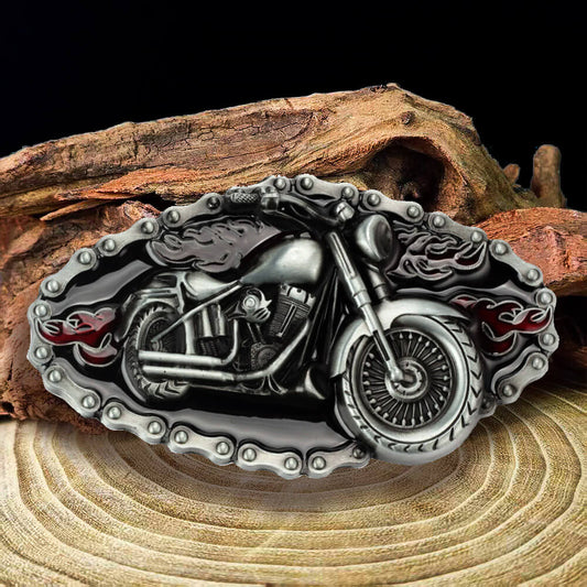 Biker Motorcycle Rider Belt Buckle - Flaming Chopper with Chain Border