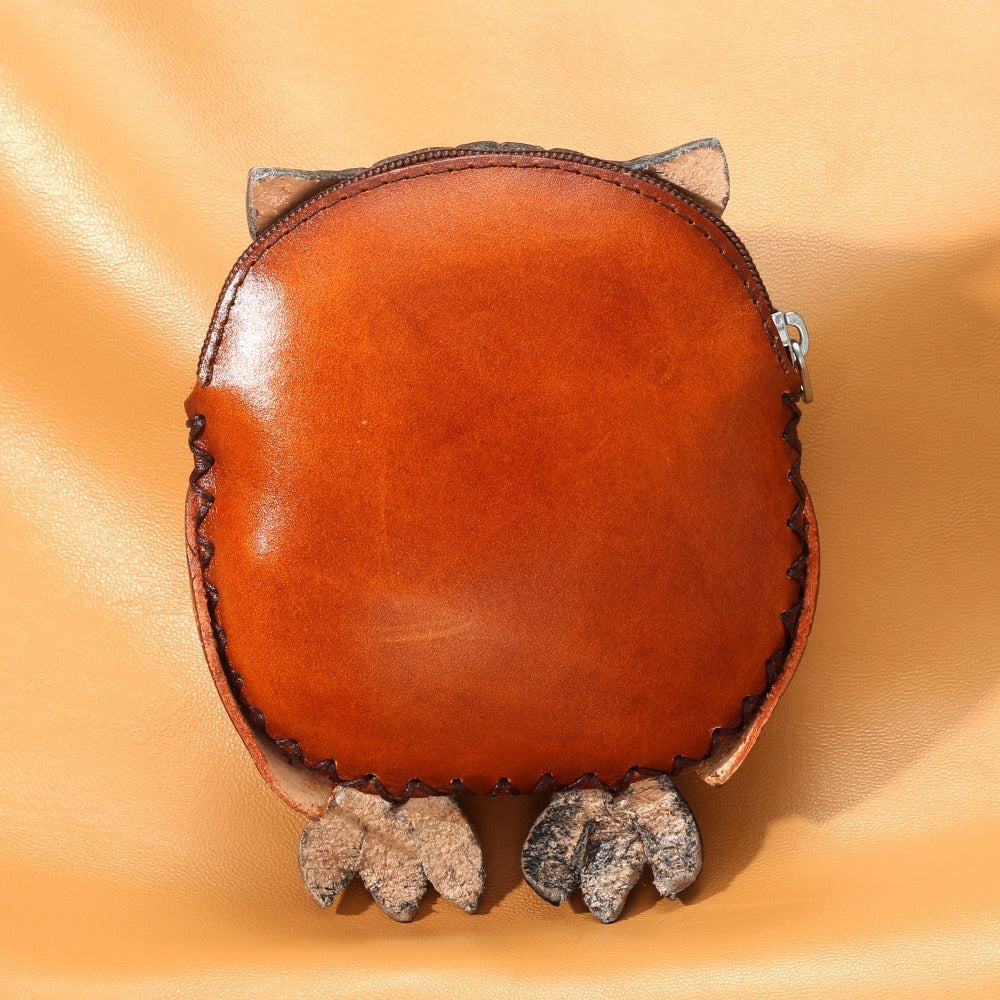 Handmade Leather 3D Owl Coin Purse & Wristlet Pouch