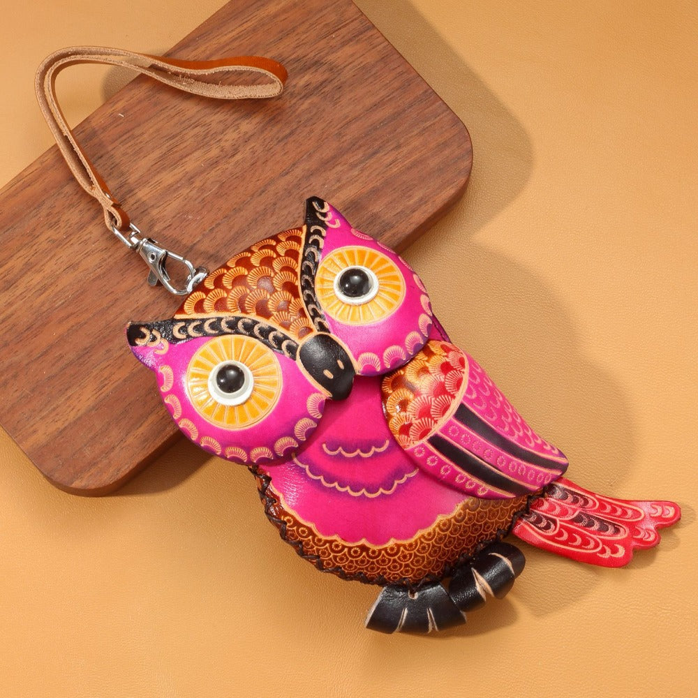 Handmade Leather Vibrant Magenta 3D Owl Coin Purse & Wristlet Pouch