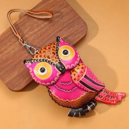 Handmade Leather Vibrant Magenta 3D Owl Coin Purse & Wristlet Pouch
