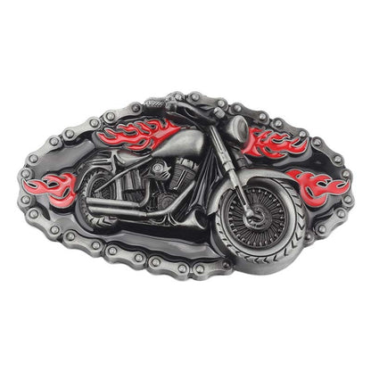 Biker Motorcycle Rider Belt Buckle - Flaming Chopper with Chain Border