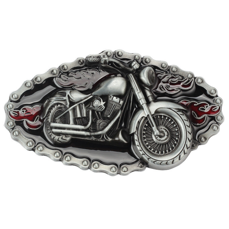 Biker Motorcycle Rider Belt Buckle - Flaming Chopper with Chain Border