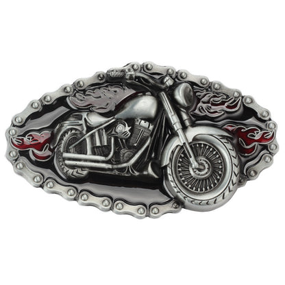 Biker Motorcycle Rider Belt Buckle - Flaming Chopper with Chain Border